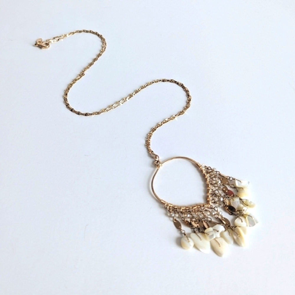 Express Wire Wrapped Pendant Mixed Media Tassel Long Necklace Gold Plated